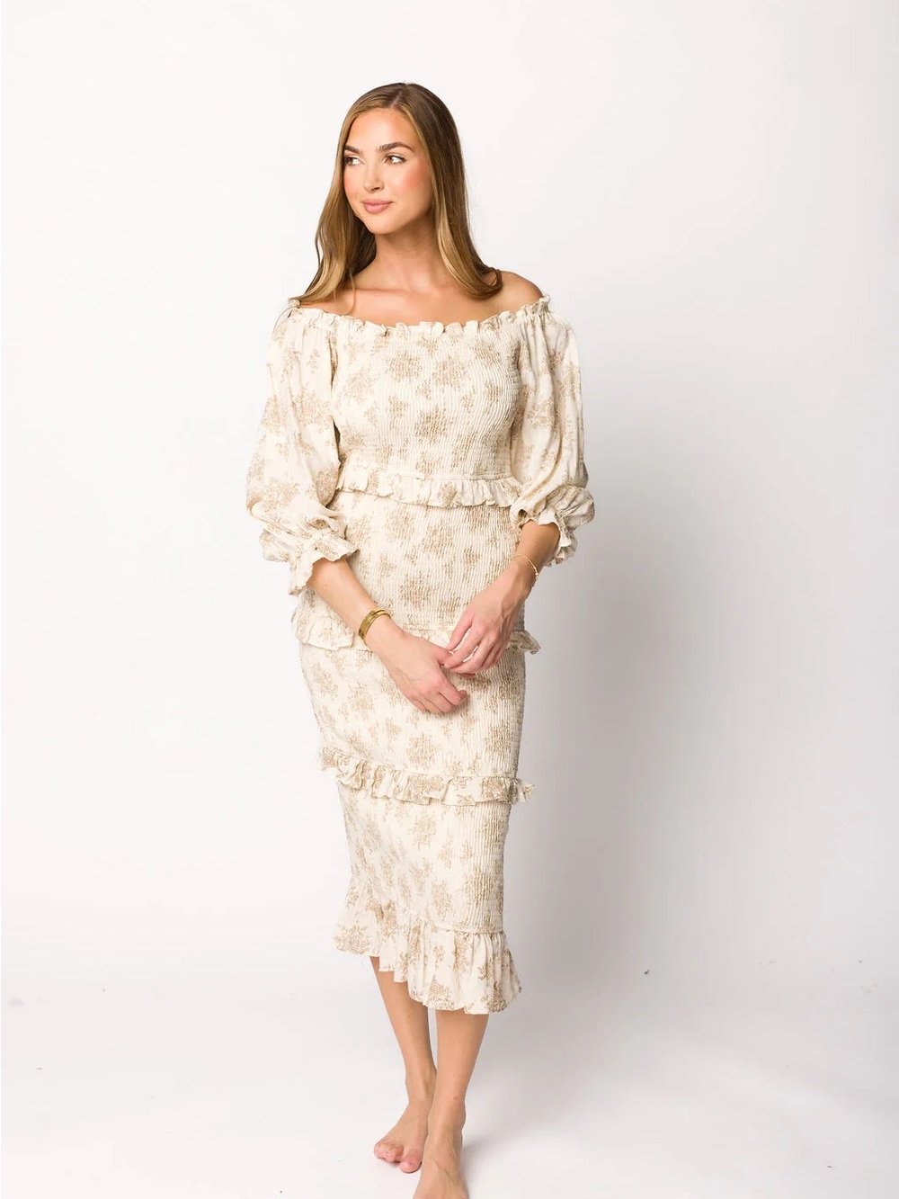 Off-Shoulder Cream Midi Dress with Ruffle Details